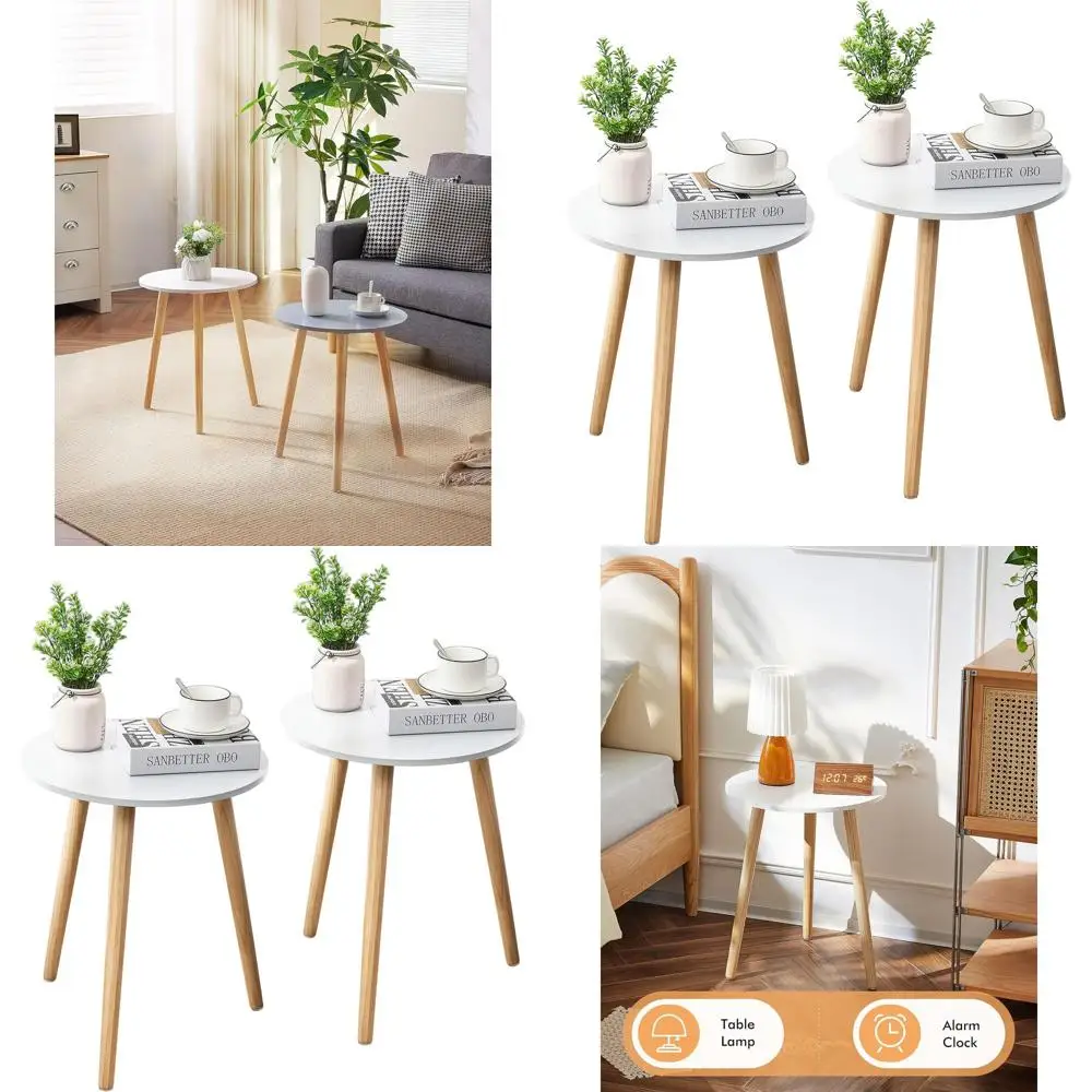 

White Modern Side Table Set, 2-Piece, for Living Room, Bedroom, Small Spaces with Natural Wood Legs, 16.5