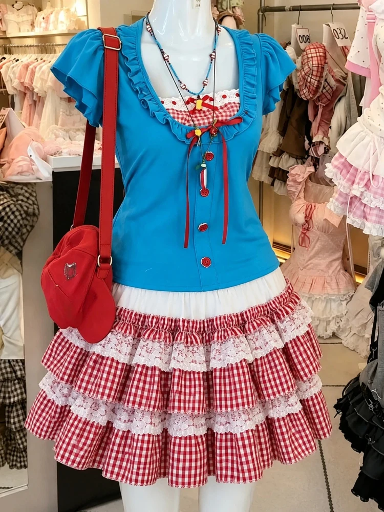 Japanese Sweet 2 Piece Matching Sets Female Y2k Crop Blouse Mini Skirts Retro American Casual Holiday Outfit For Young Ladies image 4