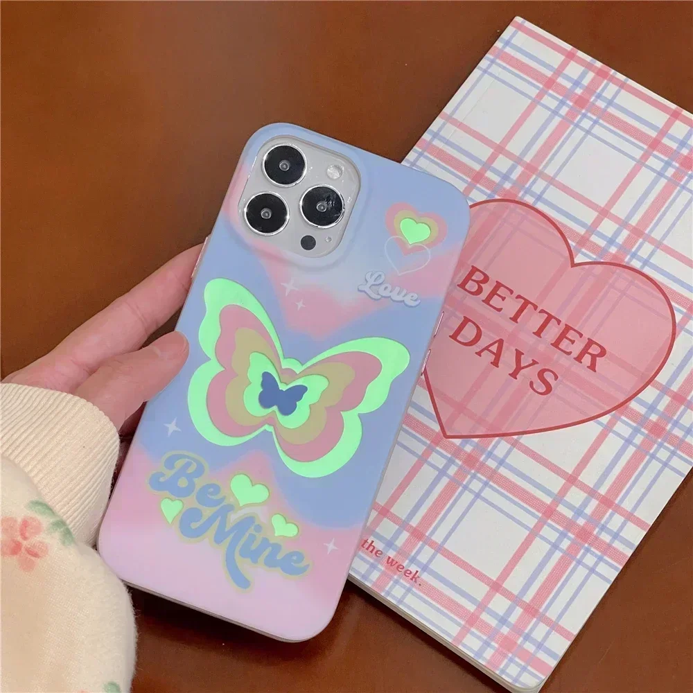 

Luxury Aurora Borealis laser love heart butterfly Case For iPhone 14 13 12 11 Pro Max shockproof cover