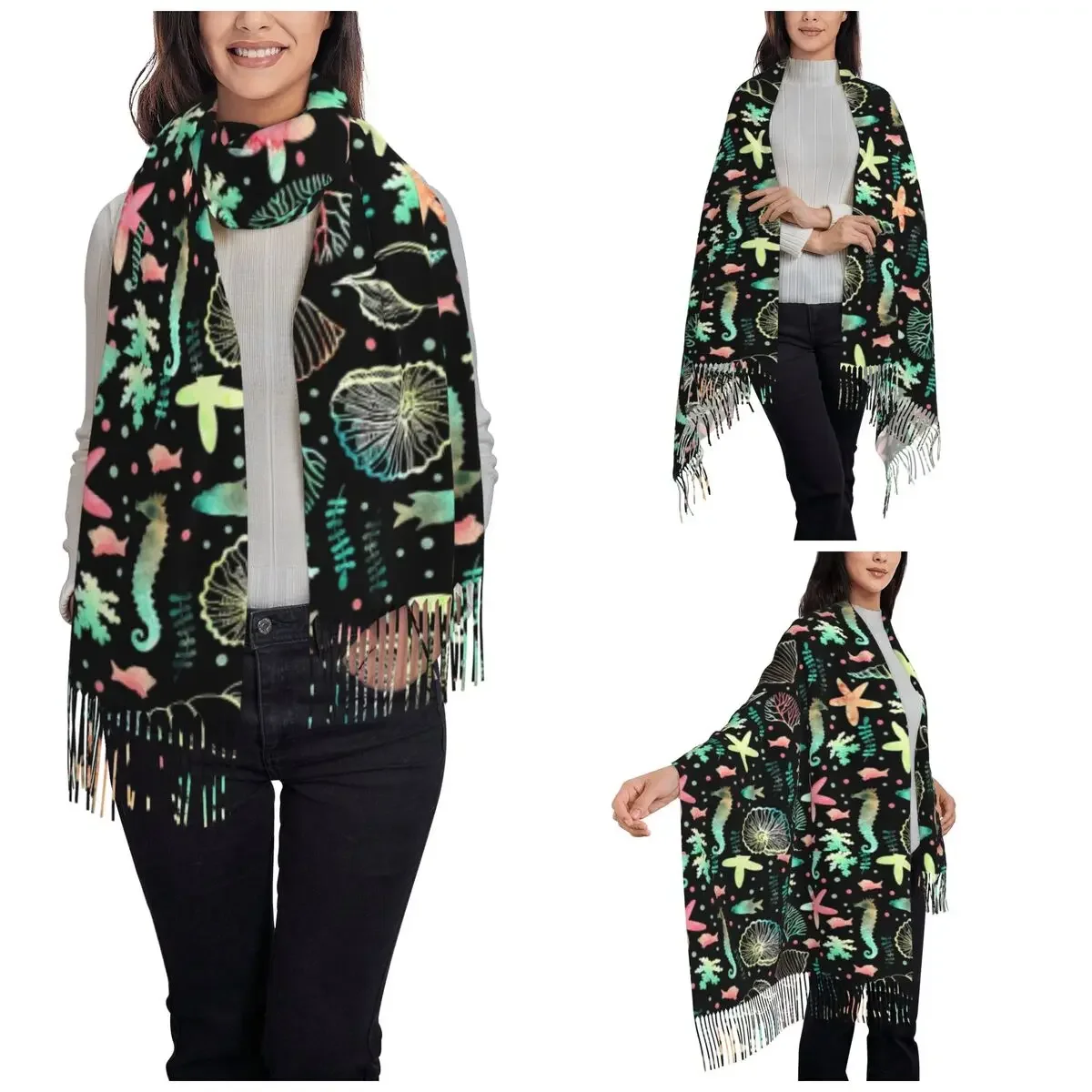 Seashells Horse Fishes Marine Shawl Wrap Women Winter Large Soft Scarf Neckerchief Tassel Scarves