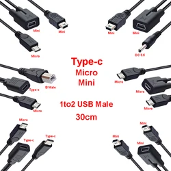 1pcType-c USB  / Micro USB 1 Female to Micro/Mini USB Type-c Type B Male Y Splitter Charge Extension Date Splitter Adapter Cable