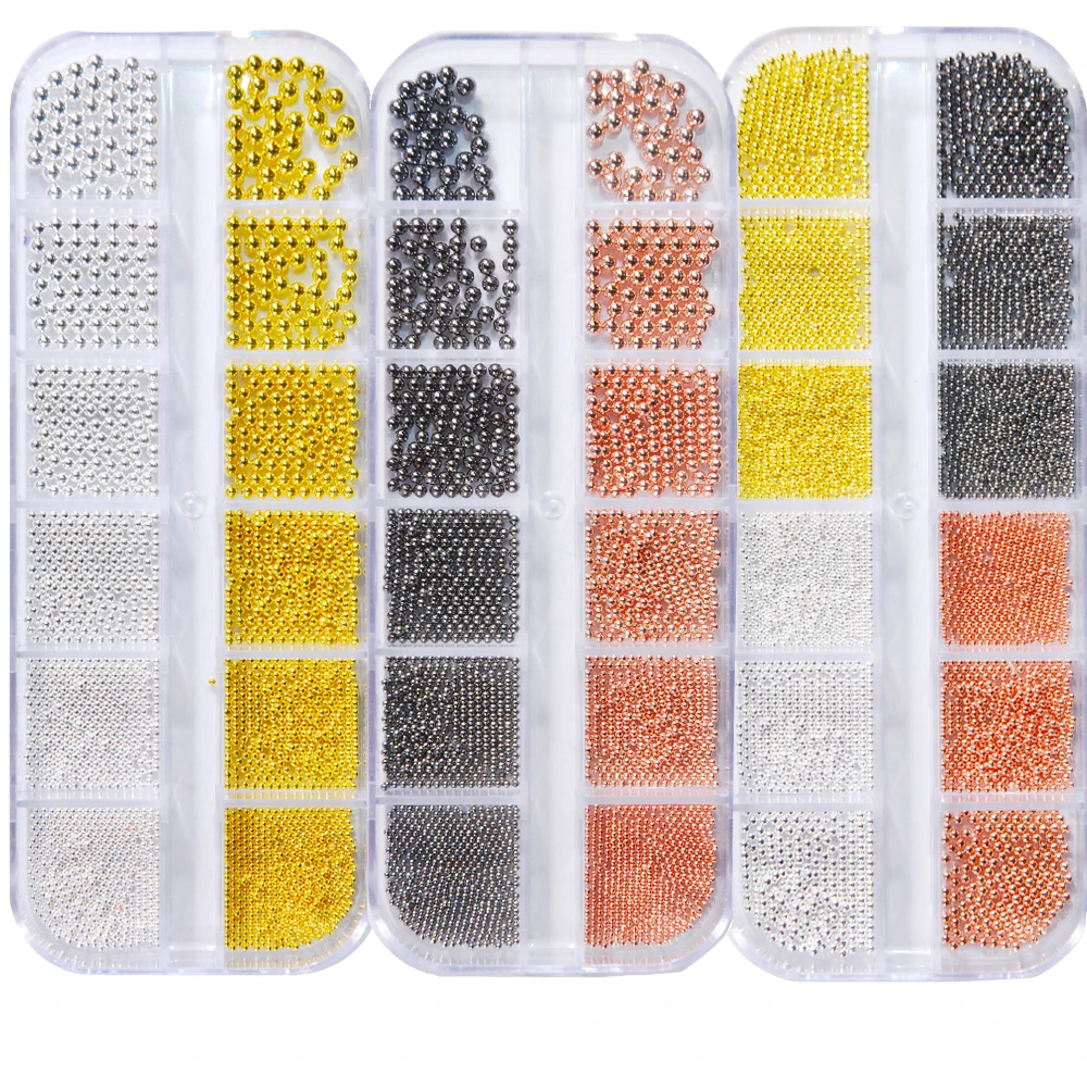 12 Siatka Koraliki 3D Złote/Srebrne Mikro Stalowe Kulki do Paznokci 0.8-3.0mm Mini Metalowe Koraliki Kulki Stalowe Mikro Kaviar Złote Srebrne Koraliki