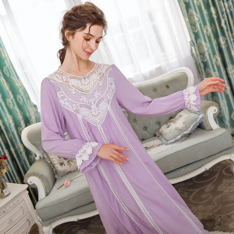 Long-sleeved cotton nightgown women\'s fall long skirt sweet princess homewear loose large size court style long pajamas cotton