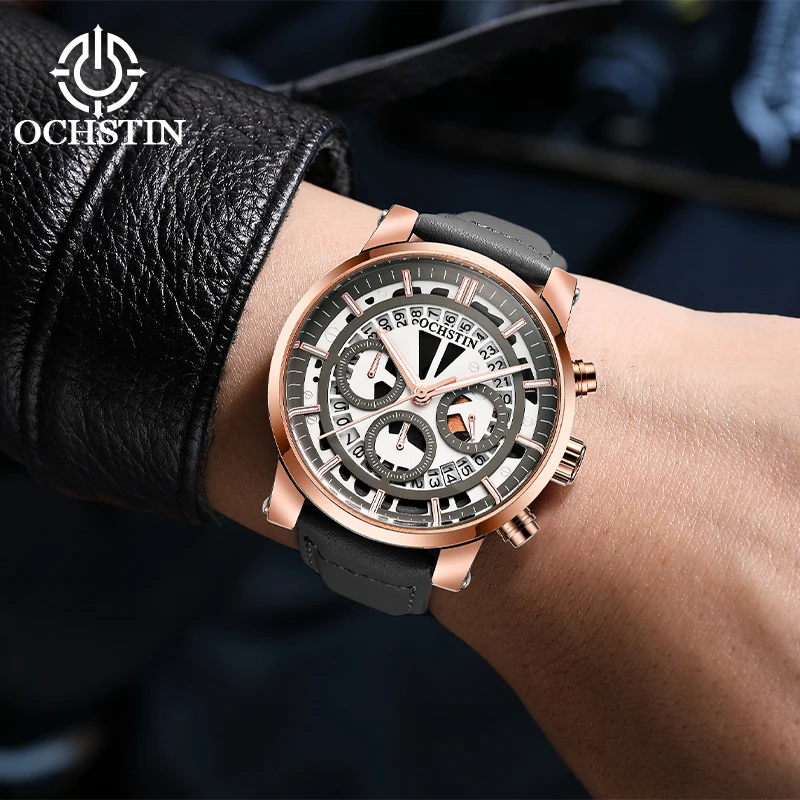 OCHSTIN Man Slim-fit Daily Pilot Timepiece Watch Structure Comfortable Supple Leather Wristband Men's Quartz Movement