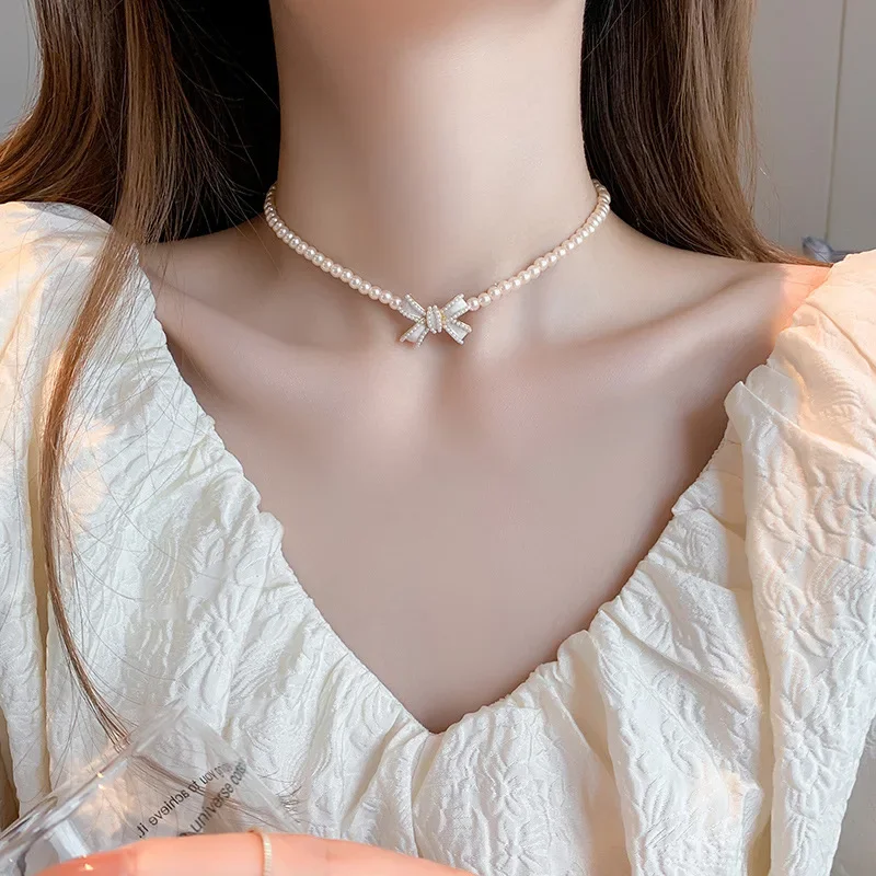 

Bead Necklace Women'S Baroque Korean Style Short Clavicle Chain Bow Necklace Wedding Accessories Jewelry For Ladies Gift