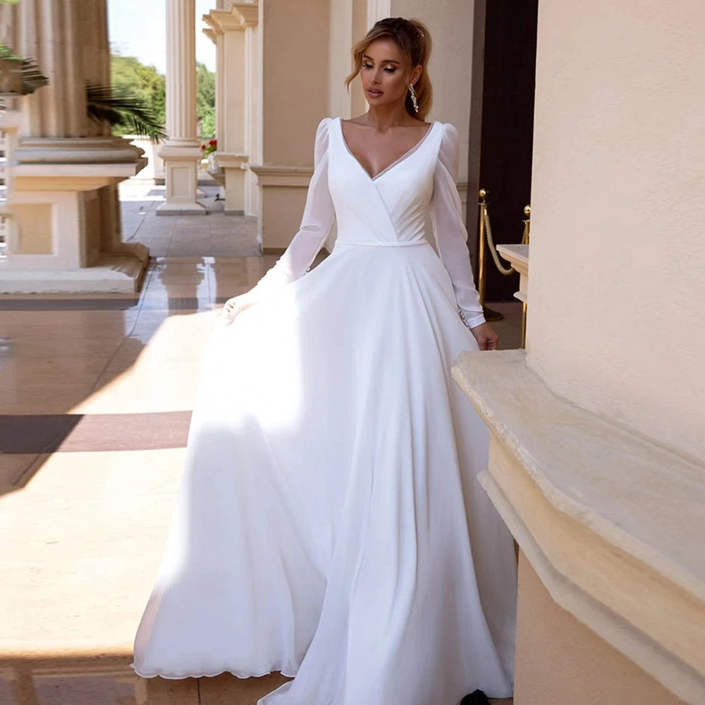 Elegant A-Line Sexy Beach V-Neck Wedding Dresses Long Sleeves 2022 Backless Bohemian Court Train Soft Satin New Style For Summer