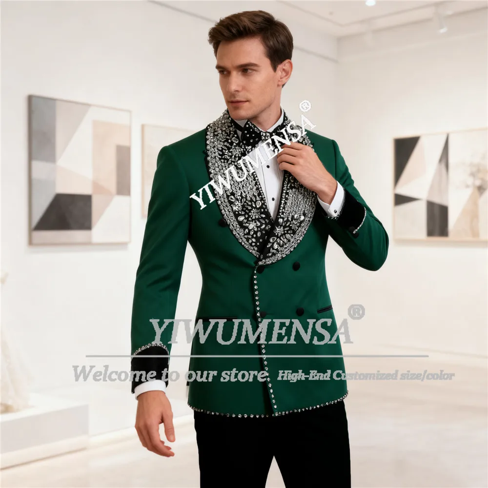 

Мужские костюмы с блестящими бусинами и камнями на свадьбу, двубортный пиджак, брюки, комплекты из 2 предметов, пиджаки для выпускного жениха, мужской наряд по индивидуальному заказу