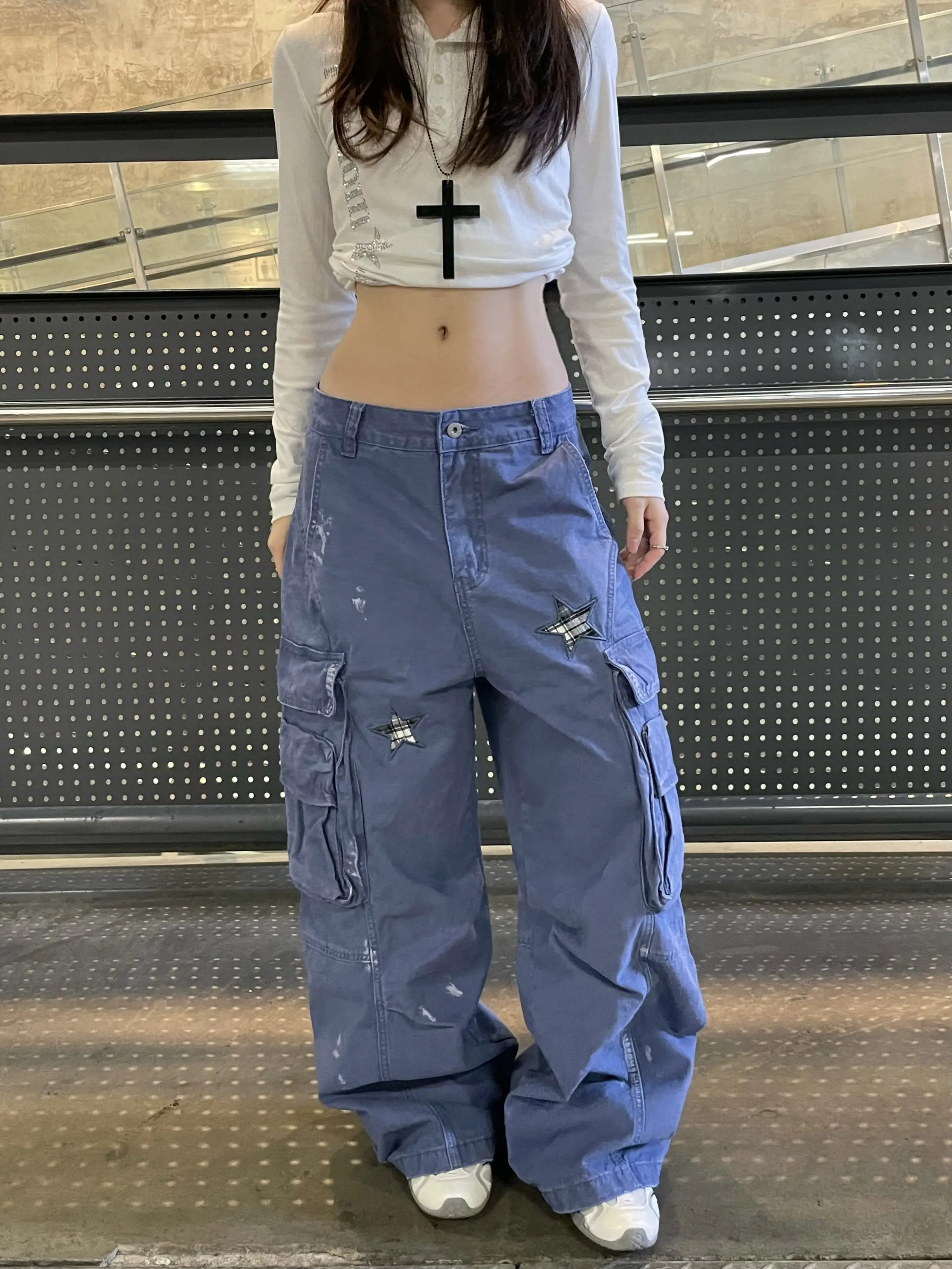 Retro American Blue Washed Patchwork Multi-Pocket Work Pants Loose Wide Leg Casual Trousers Men's Denim Jeans Casual Trousers