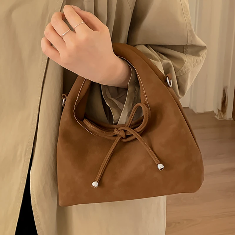 

Autumn Winter Vintage Suede Lace-Up Bow Handbags Womens Korean Style New Solid Color Simple Soft Crossbody Bag Daily Commute Bag