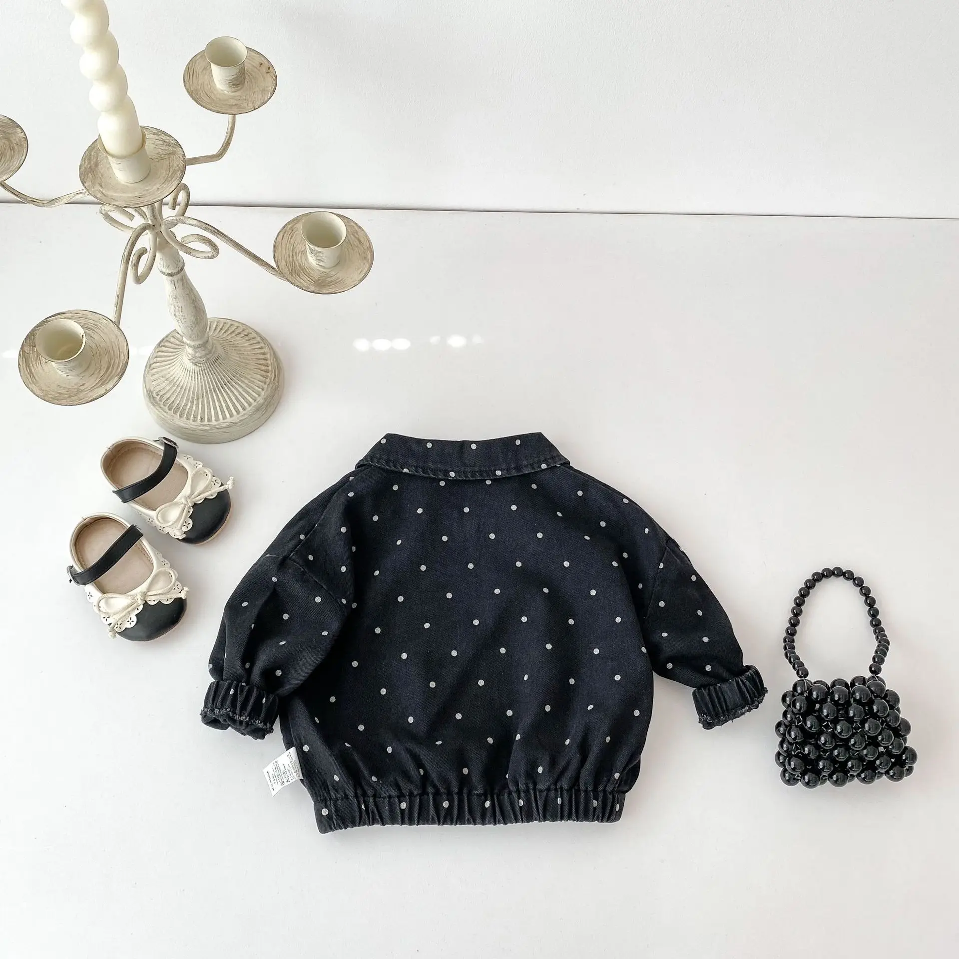New Autumn Style Polka Dot Printed Black Denim Zipper Jacket For 1-4 Year Old Babies, Fashionable Lapel Cardigan
