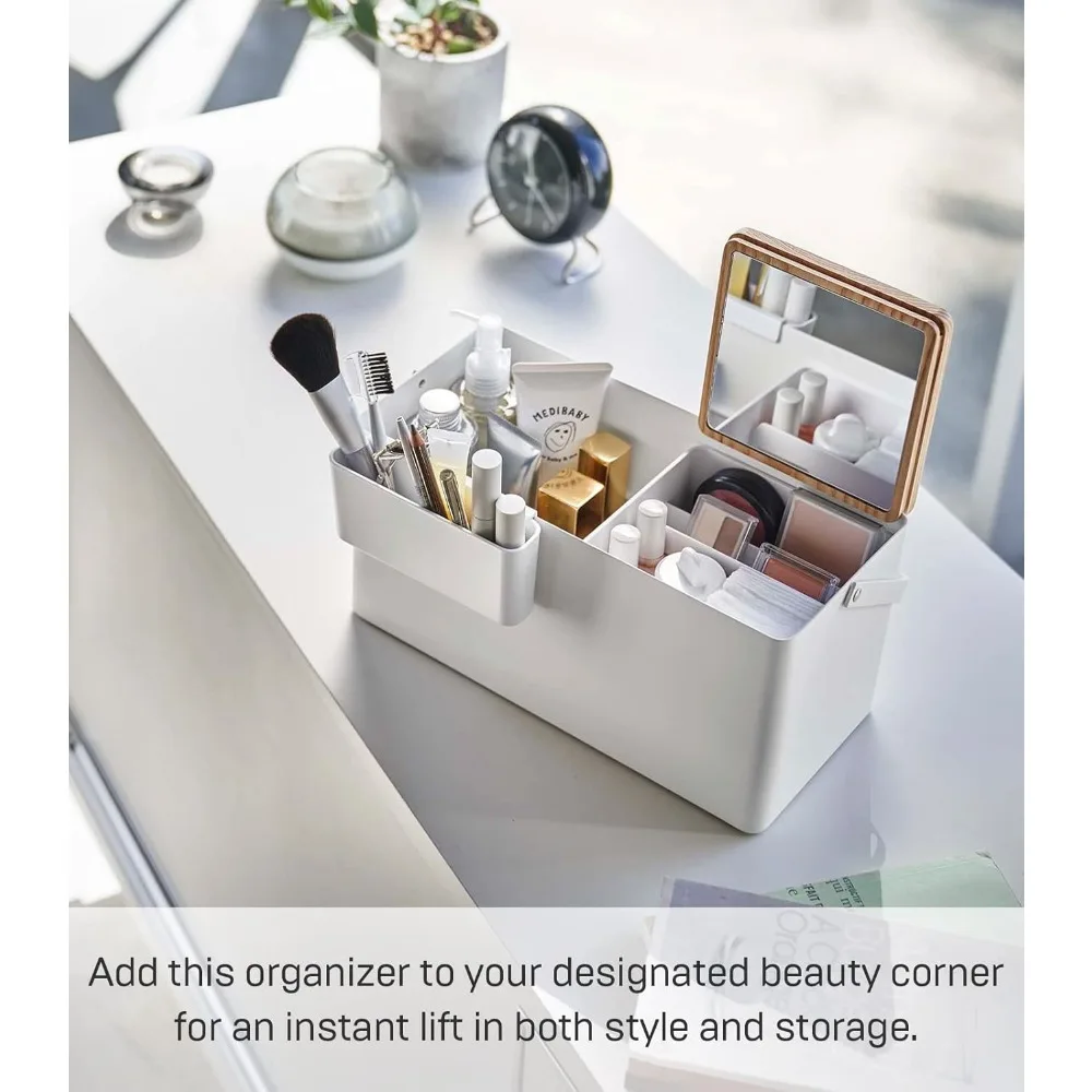 

Home Tower Large Makeup Organizer Cosmetic Caddy with Handle Vanity Storage Drawer with Lid - Steel + Wood -,White