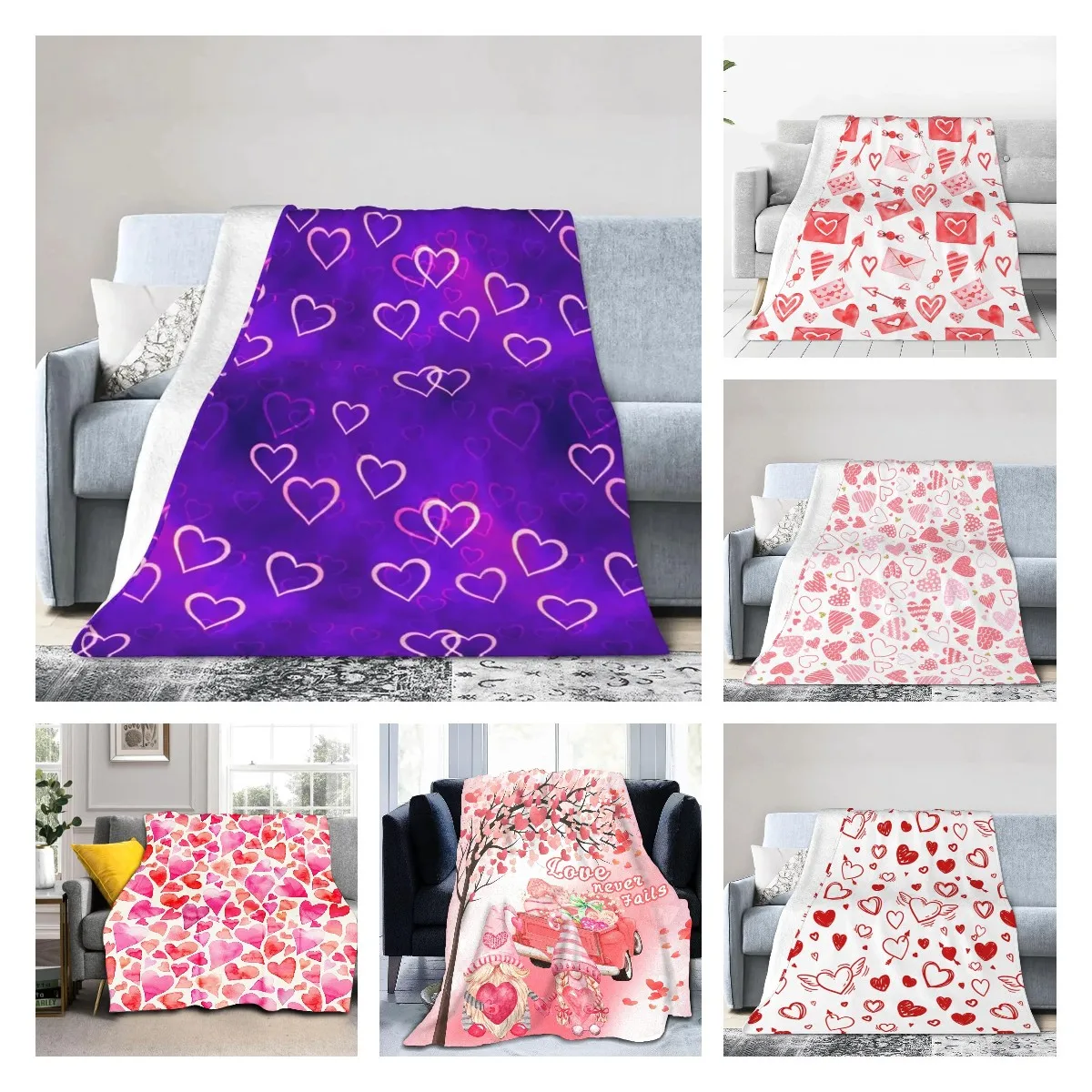 

Purple Love Heart Throw Blanket Warm Cozy Lightweight Blankets Valentine's Day Gift Flannel Blanket for Sofa Couch Bed Holiday