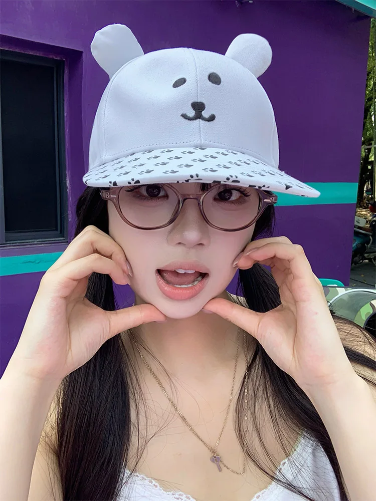 

Cute Cartoon Bear Paw Print Flat Cap Summer Hat Sweet Cool Women's Face Slimming Baseball Cap round Top Sle for Travel