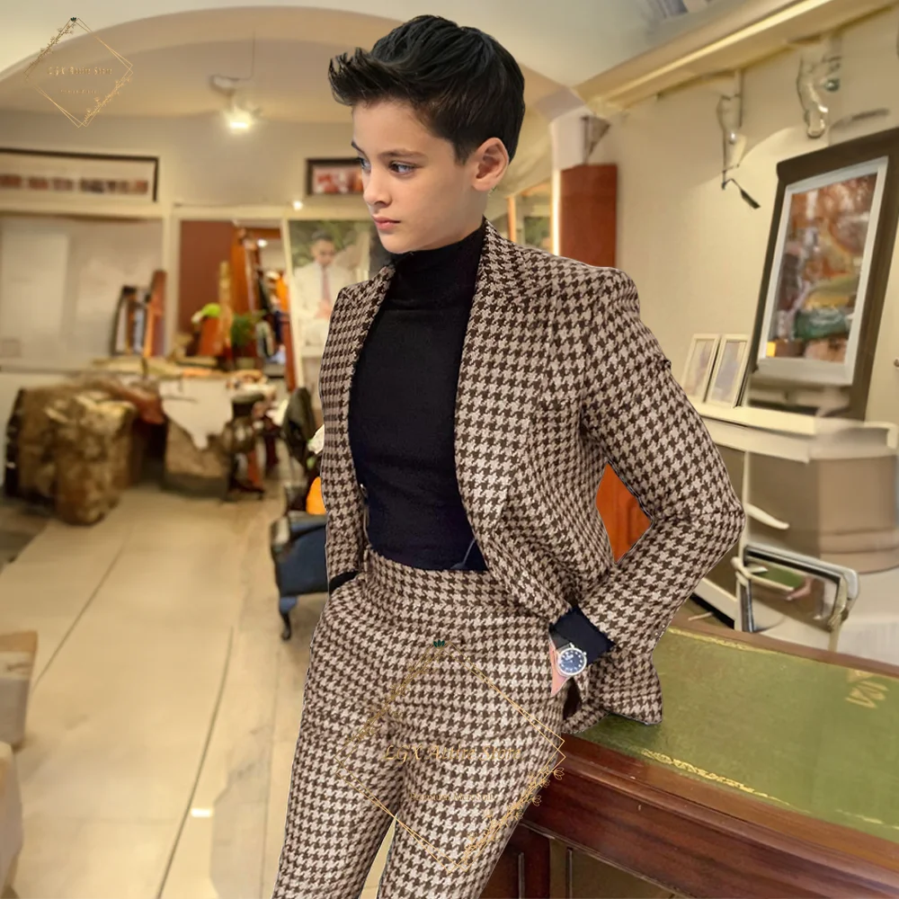 Boys luxury elegant houndstooth suit 2 piece set, custom peaked lapel jacket pants wedding party formal occasion suit