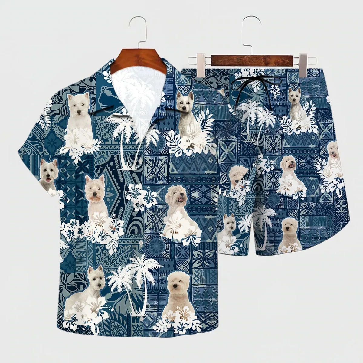 Abito estivo West Highland White Terrier Set hawaiano camicia Hawaii stampata in 3D + pantaloncini da spiaggia uomo per donna vestiti divertenti per cani