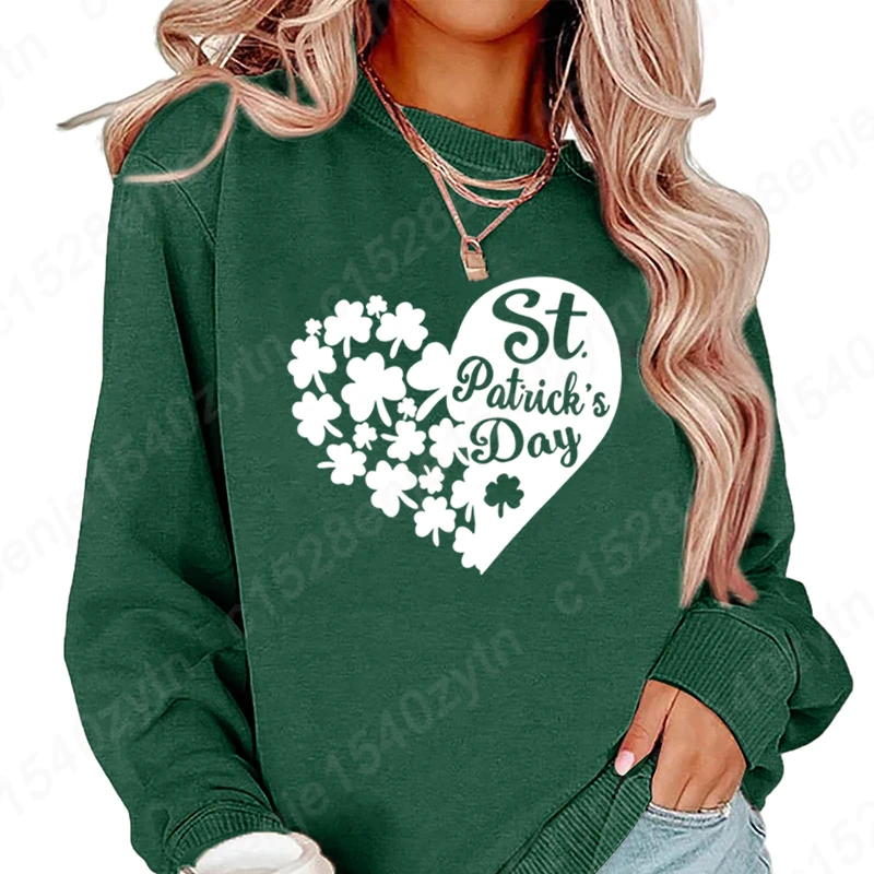 

St Patrick's Day Clover Heart Print Pullovers Women New Fashion Hoodeless Sweatshirt Ladies Pure Color Hot Selling Pullover Tops