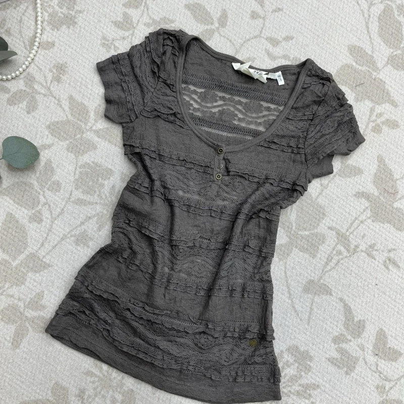 

Deeptown Vintage Lace Gray T-shirts Women Korean Style Sexy Hollow-out Tees Shoujo Girl Aesthetic Short Sleeve T-Shirts Slim Up