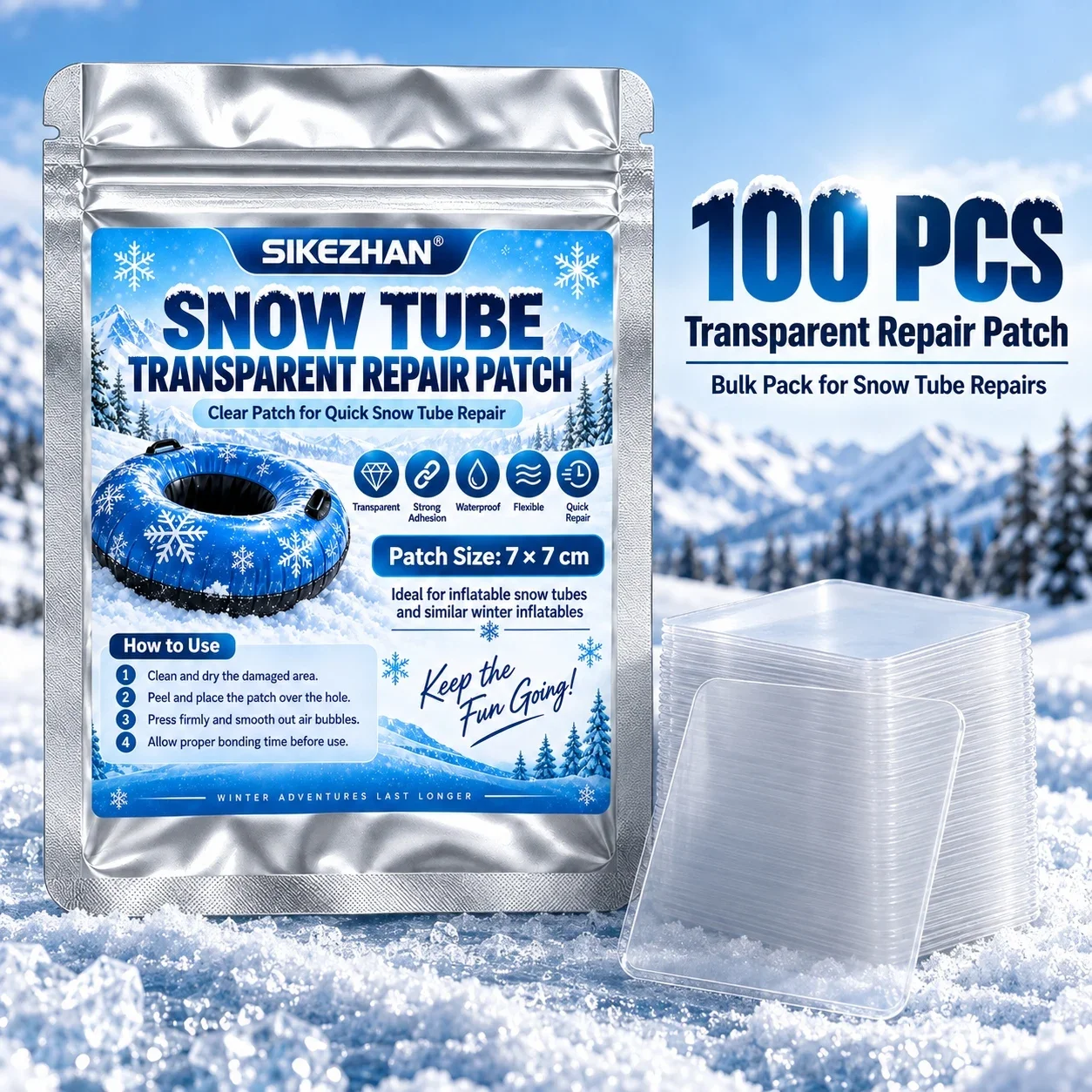 Transparent Snow Tube Repair Patch 7x7cm Self Adhesive Waterproof Inflatable Sled Tube Puncture Repair Sticker Winter Repair Kit