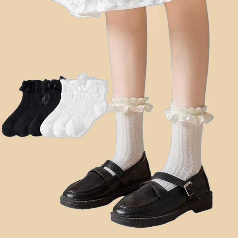 

6 Pairs Woman Socks Solid Black White Lolita Lacework Ruffle Socks Summer Thin Kawaii Sweet Girls Cute Short Socks Women