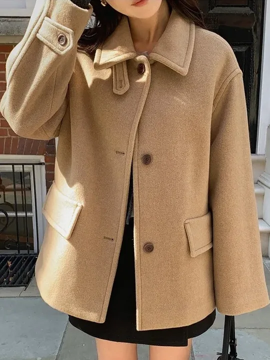 Zimowy płaszcz wełniany damski w stylu retro, brytyjski, z wysokim kołnierzem, zapinany na jeden guzik, uniwersalny płaszcz wełniany, luźny krój, idealny do dojazdów...