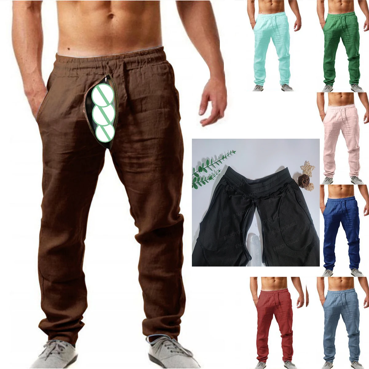 

Open Crotch Sex Summer Linen Gym Training Span Cargo Pants Plus Size Yoga Men's Clothing Loose Trousers Joggers Casual Clothes