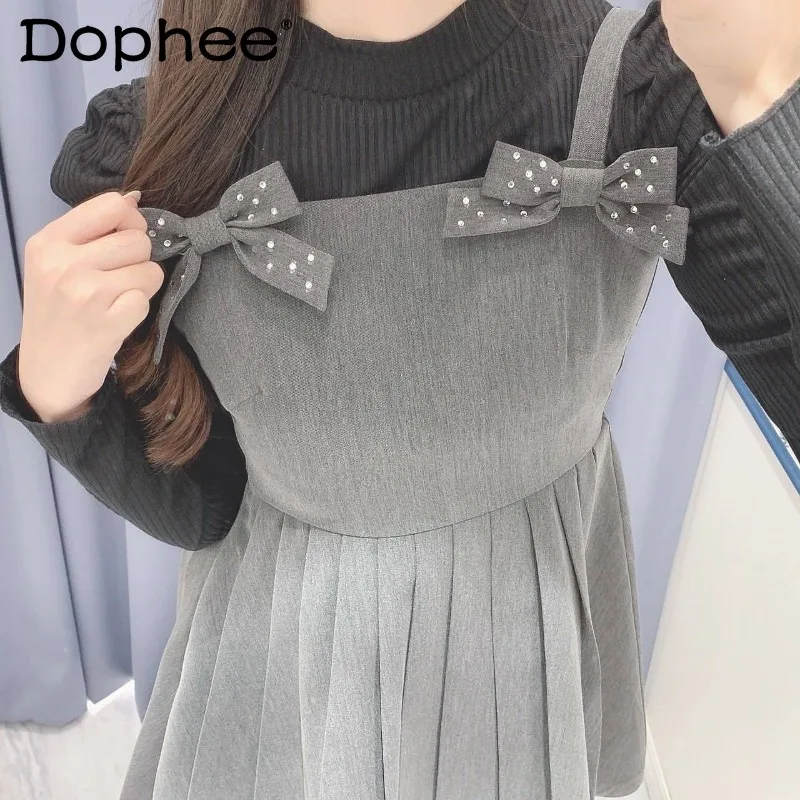 

2026 Spring Summer New Japanese Style Girl's Versatile Strap Dress Bowknot Rhinestone Daily Commuting Casual Pleated Dress
