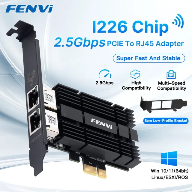 FENVI 2.5Gbps PCI-E To RJ45 Karta sieciowa z dwoma portami dla Intel I226 1000/2500M PCI Express Wlan Adapter do komputerów stacjonarnych z systemem Windows 10/11