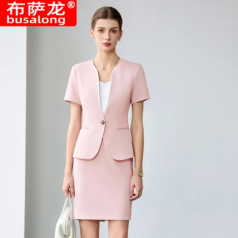 Profesional de manga corta para salón de belleza, empleado, recepción de Hotel, joyería, camarera, uniforme de trabajo, falda profesional para mujer S