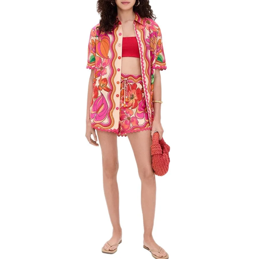 الصيف زهرة طباعة قطعتين مجموعة المرأة أزياء قصيرة الأكمام قمصان السراويل 2 قطعة مجموعات الشارع الشهير عطلة نمط وتتسابق الدعاوى #6