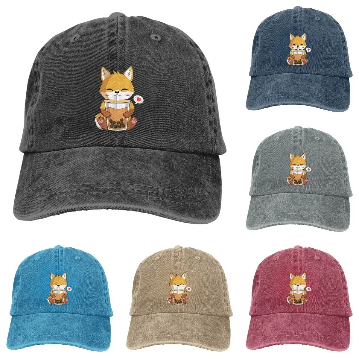 Kawaii Anime Fox Drinking Boba Bubble Tea Lover Trucker Cap Cotton Adjustable Baseball Hat Cowboy Vintage Hat for Men Women Gift