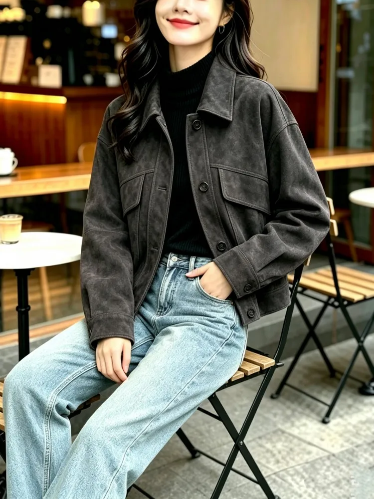 Vintage Women Loose Fit 100% Real Suede Leather Jacket Single Breasted Office Ladies Work Coat Casusal Outwear Autumn New Jacket