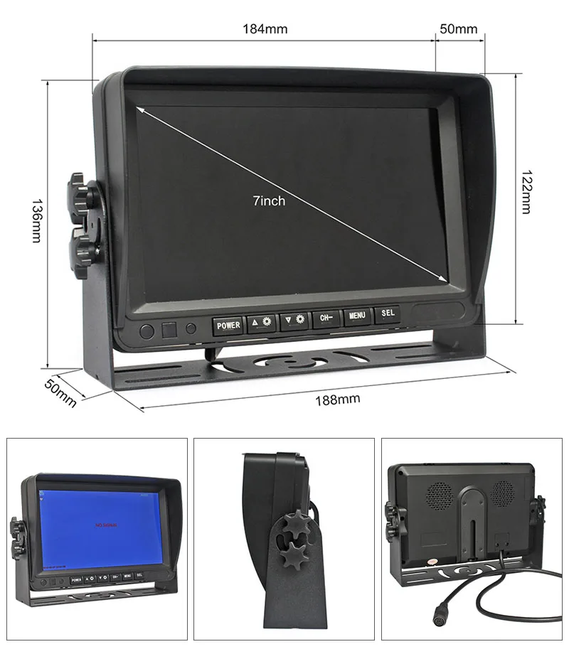 DIYKIT 1024x600 7inch AHD IPS Car Monitor Rear View Monitor Support 1080P AHD Camera with 2 x 4PIN Video Input