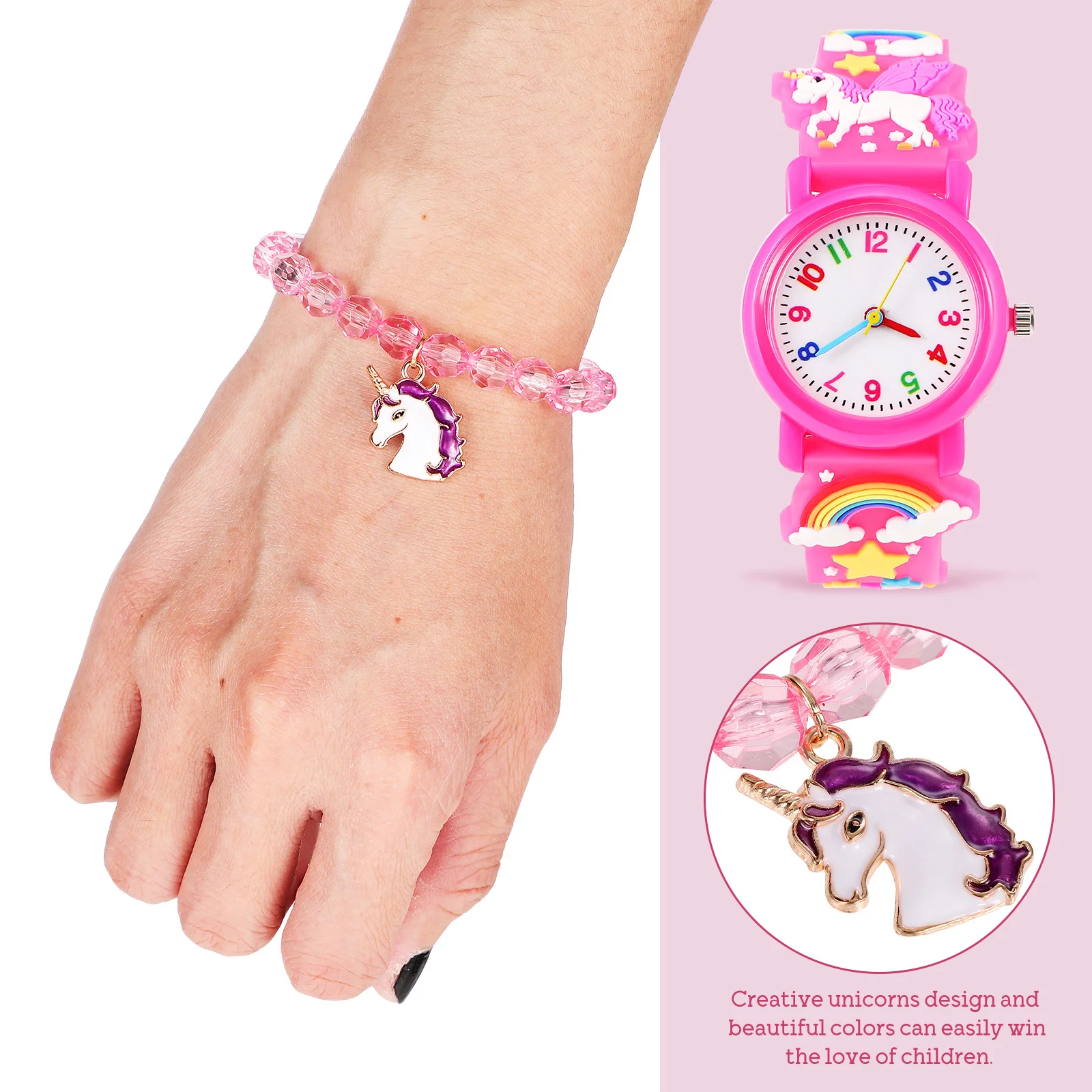 1Set Pink Watch Unicorn Style Digital Bracelet Cartoon Wristwatch Beaded Fashion Gift Watch and Bracelet Set