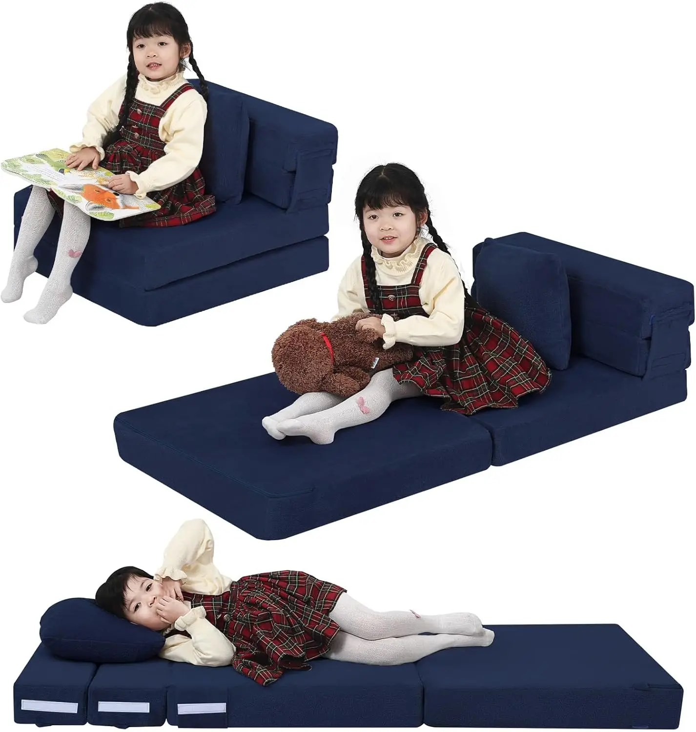 

Foldable Futon Chair Bed For Kids, Toddler Sofa Mattr With Pillow, Convertible Foam Floor Couch, Tri-Fold Sleeping Mattr