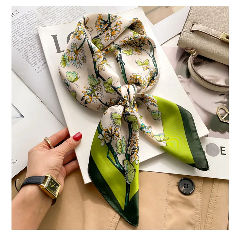 Marke Floral Print Seide Quadrat Schal Frauen Weiche Satin Kopftuch Haarband Halstuch Kopf Hijab Dame Stirnband Foulard Tasche Band – Detail 3