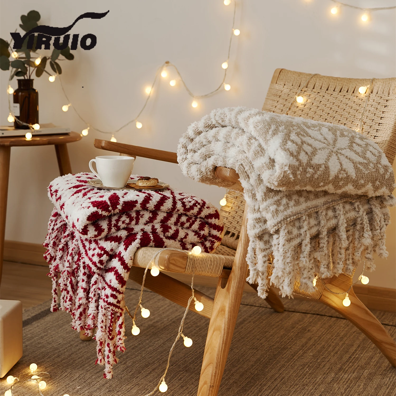 YIRUI Christmas Decorative Bed Knitted Throw Blanket Snowflake Pattern Fringes Design Micorfiber Cozy Soft Festival Gift Blanket