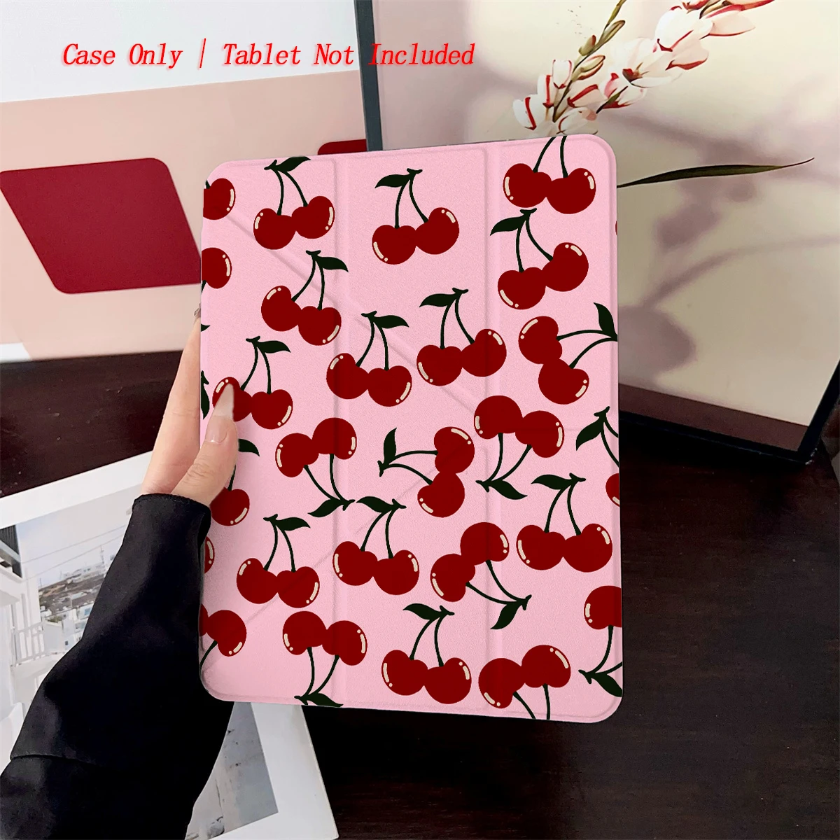 

Trendy Crimson Cherry Pattern iPad Case for Pro 11 6th Gen/Air 5 10.9/Mini 5 7.9 Shockproof Cover with Hand Strap