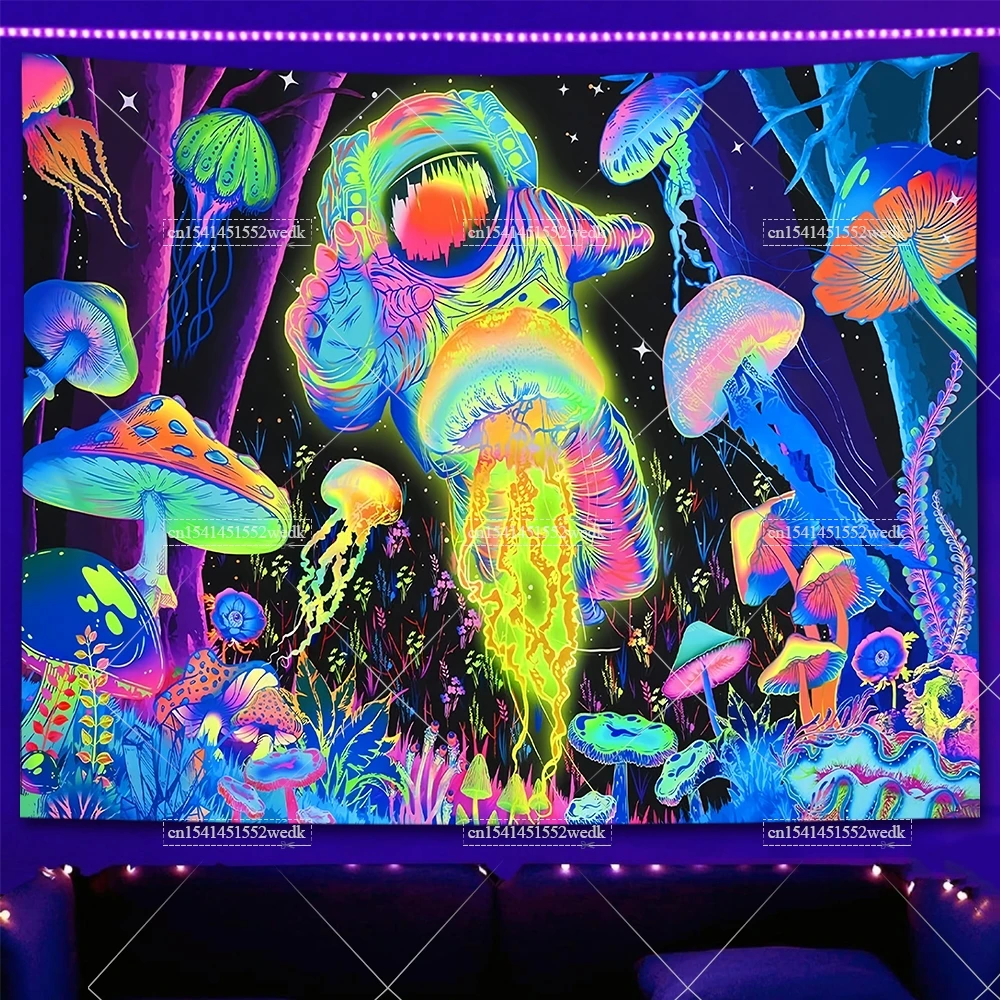 Blacklight Astronaut Tapestry UV Reactive Mushroom Neon Fluorescent Tapestrys Glow In The Dark Galaxy Landscape Wall Tapestry