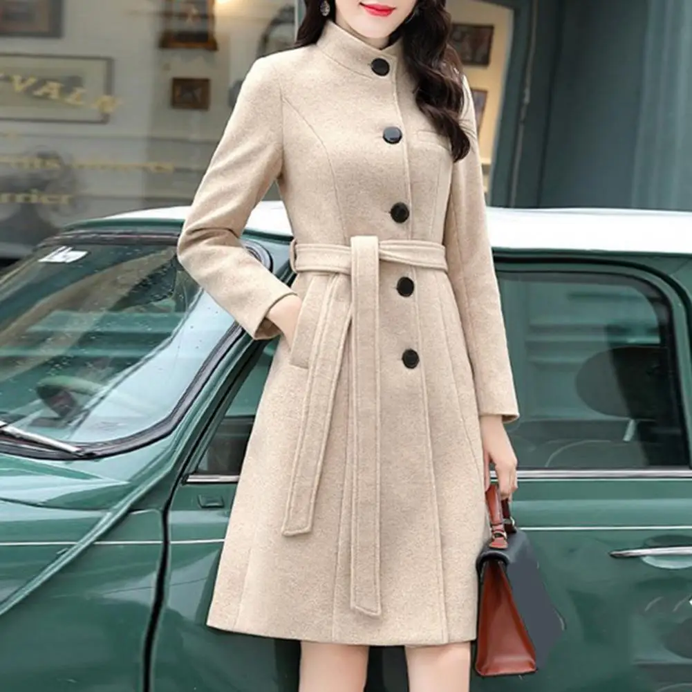 Trendy Vrouwen Overjas Lange Mouw Super Zachte Vrouwen Wollen Jas Slim Fit Riem Trenchcoat