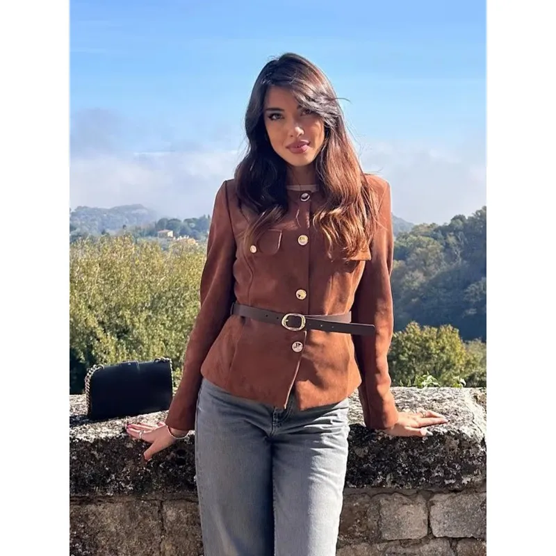 Suede Texture Round Collar Cropped Blazer Jacket Metal Buttons Flap Pockets Matching Belt Fitted Vintage Spring Autumn Coat