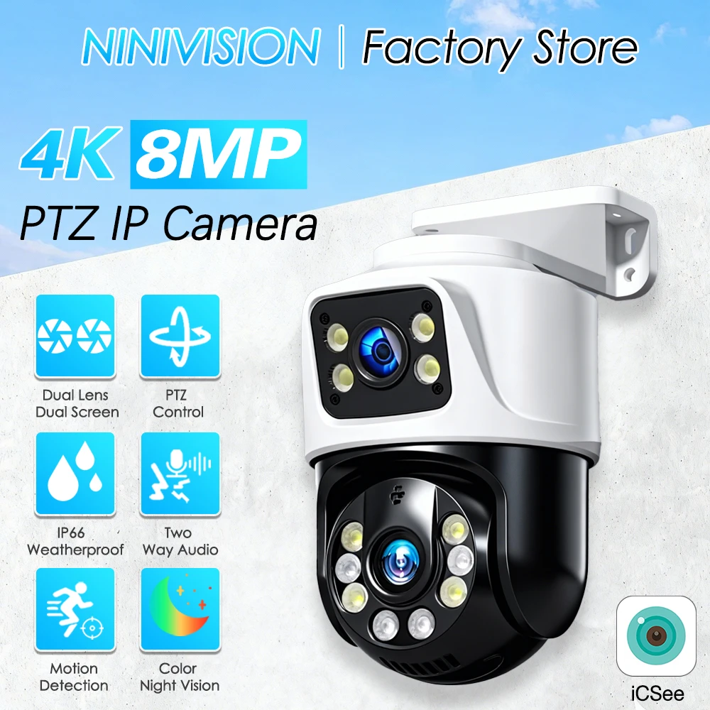 ONVIF Outdoor Dual Lens 8MP 4K POE PTZ IP Camera Video Surveillance CCTV Cameras For Xmeye NVR Two Way Audio Human Detection