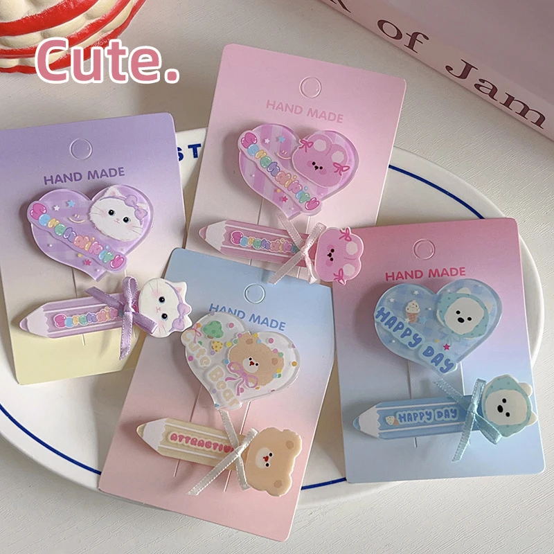 Cute Cartoon Animal Hair Clips Pen Heart Shape Acrylic Hairpin Sweet Fresh Bangs Clip For Women Girl All-match Hair Accessories