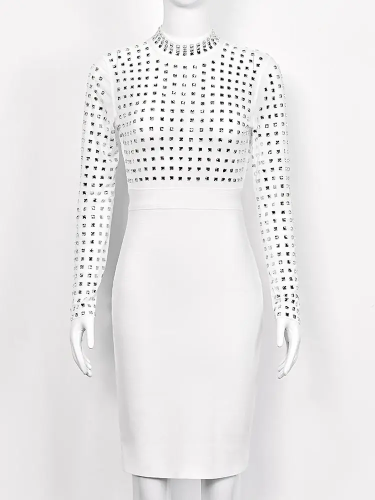 Vestido Bandage de diamante blanco de lujo Vintage a la moda, vestido de malla de invierno de manga larga para mujer, Vestidos de fiesta de noche con piedras