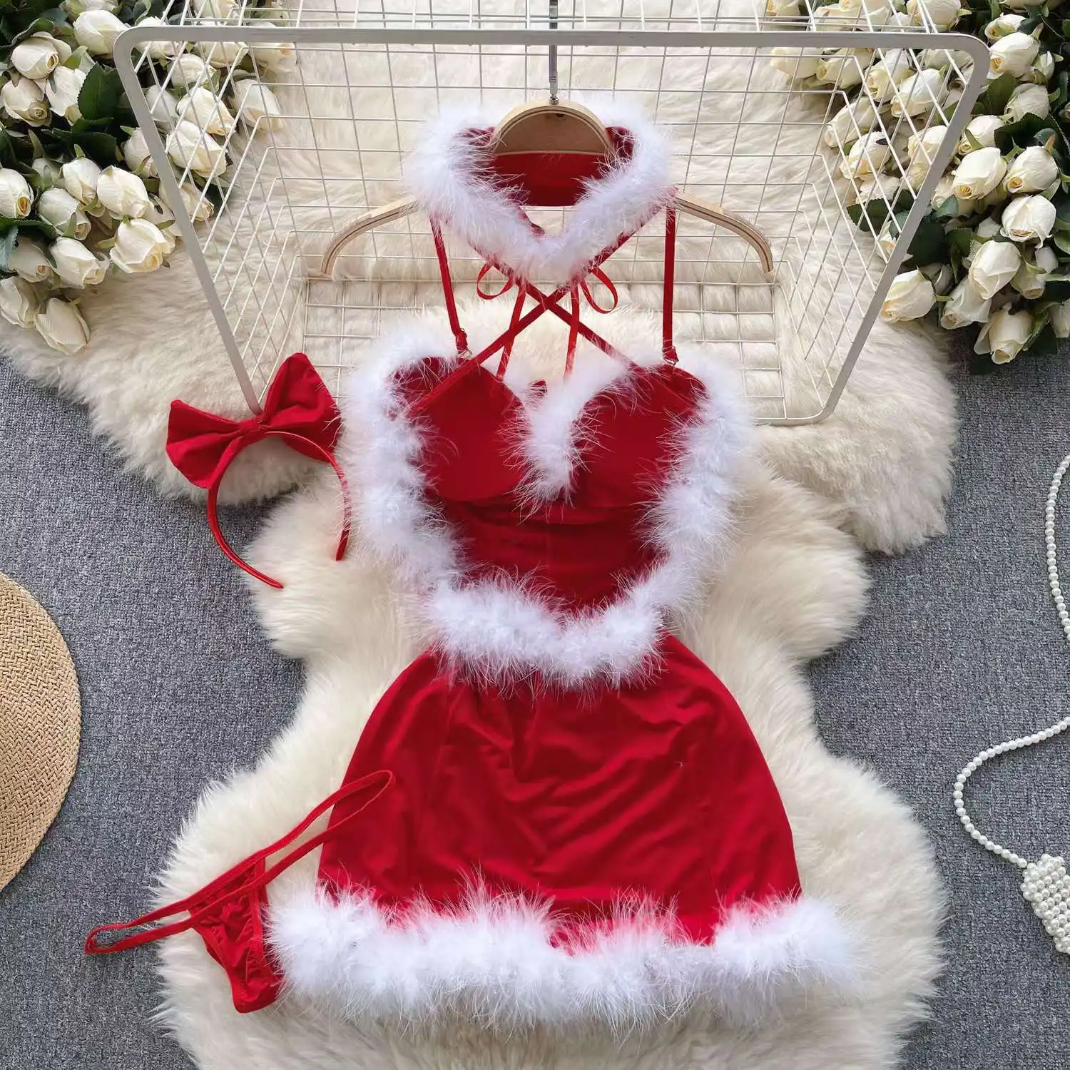 New Christmas Sweet Women's Dress Plush Patchwork Slim Sexy Red Short Dress Cross Strap Halter Neck Bodycone Dress Erotic Pajama