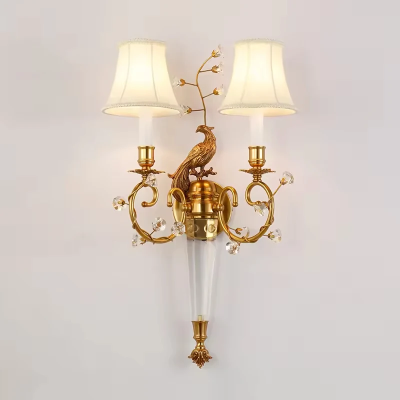 

French brass bedside wall light double arm with shade sconce classic peacock wall lamp for hotel bedroom