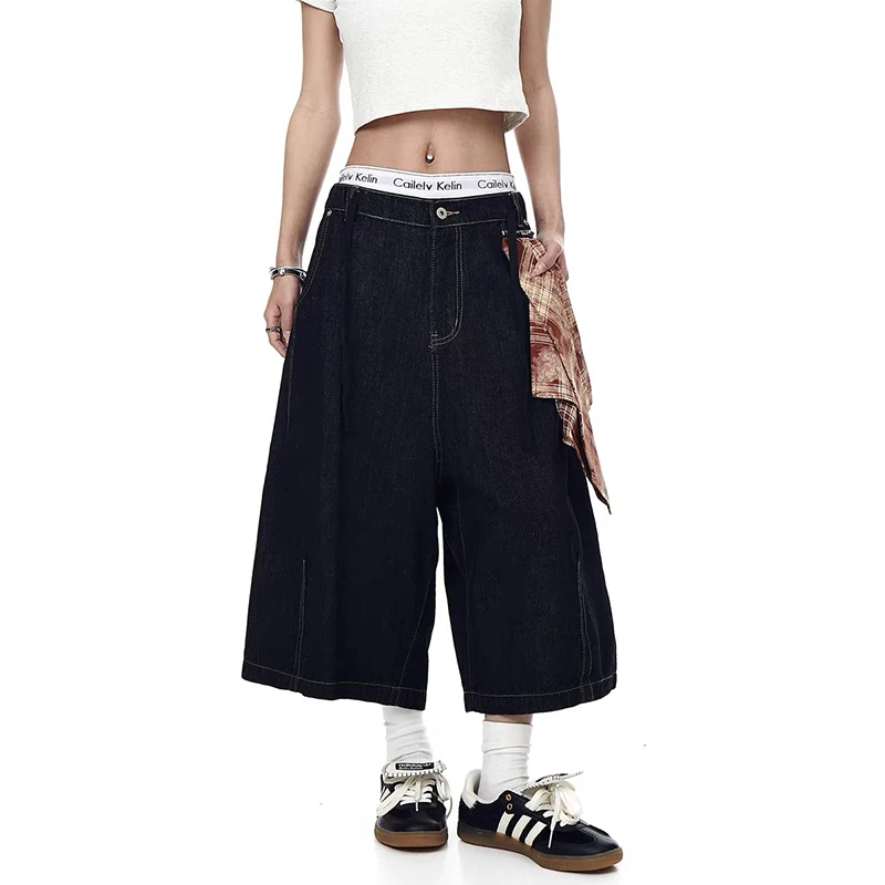 ZHIZOU ฤดูร้อนผู้หญิง Grunge Harajuku Y2k กางเกงยีนส์กางเกงขาสั้น 2000s ญี่ปุ่น Low Rise Jorts Jean กางเกง Cyber Punk Hip-pop หลวมสบายๆ