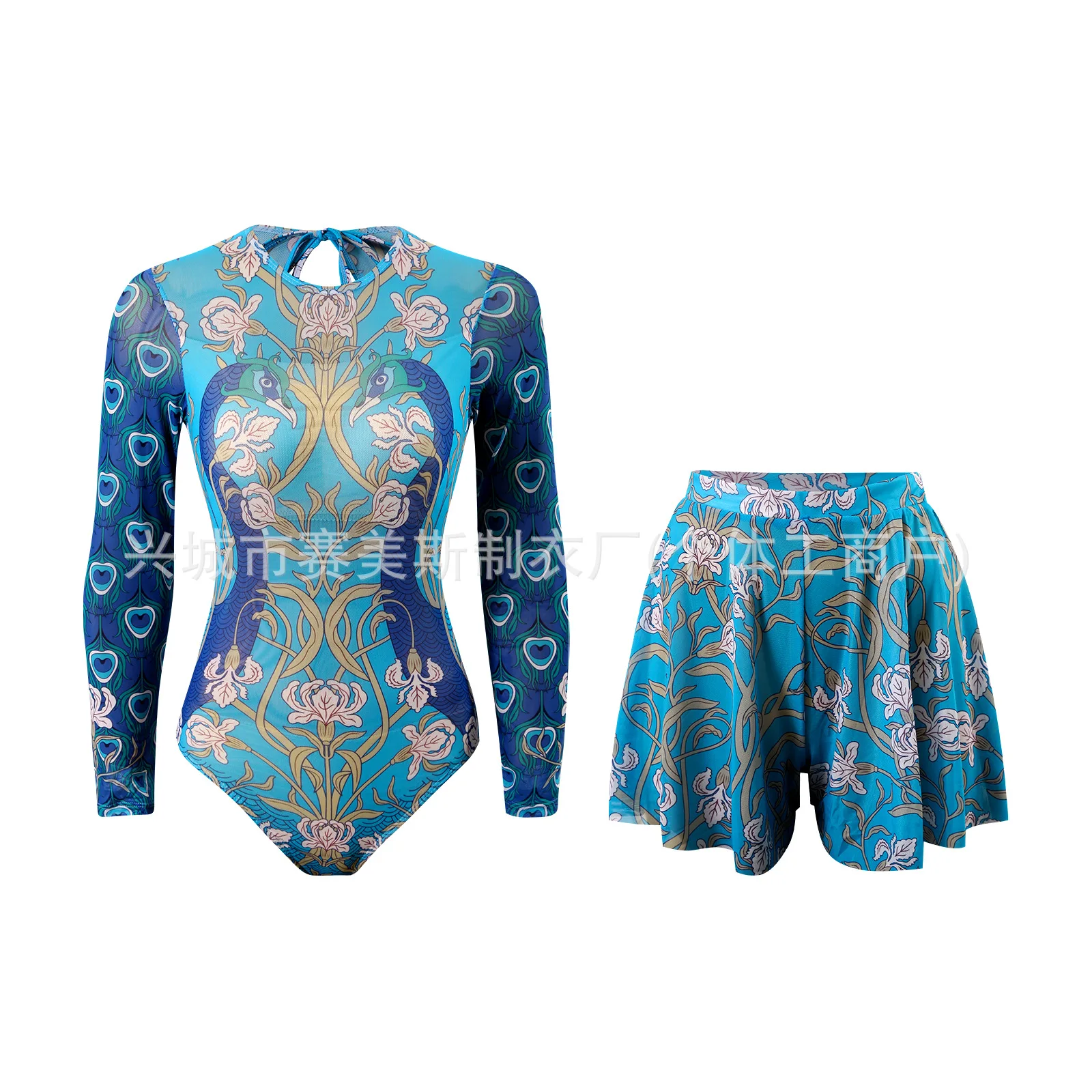 New Summer Women's Sexy and Fashionable Printed Long Sleeved Sunscreen Quick Drying One-piece Swimsuit Set
