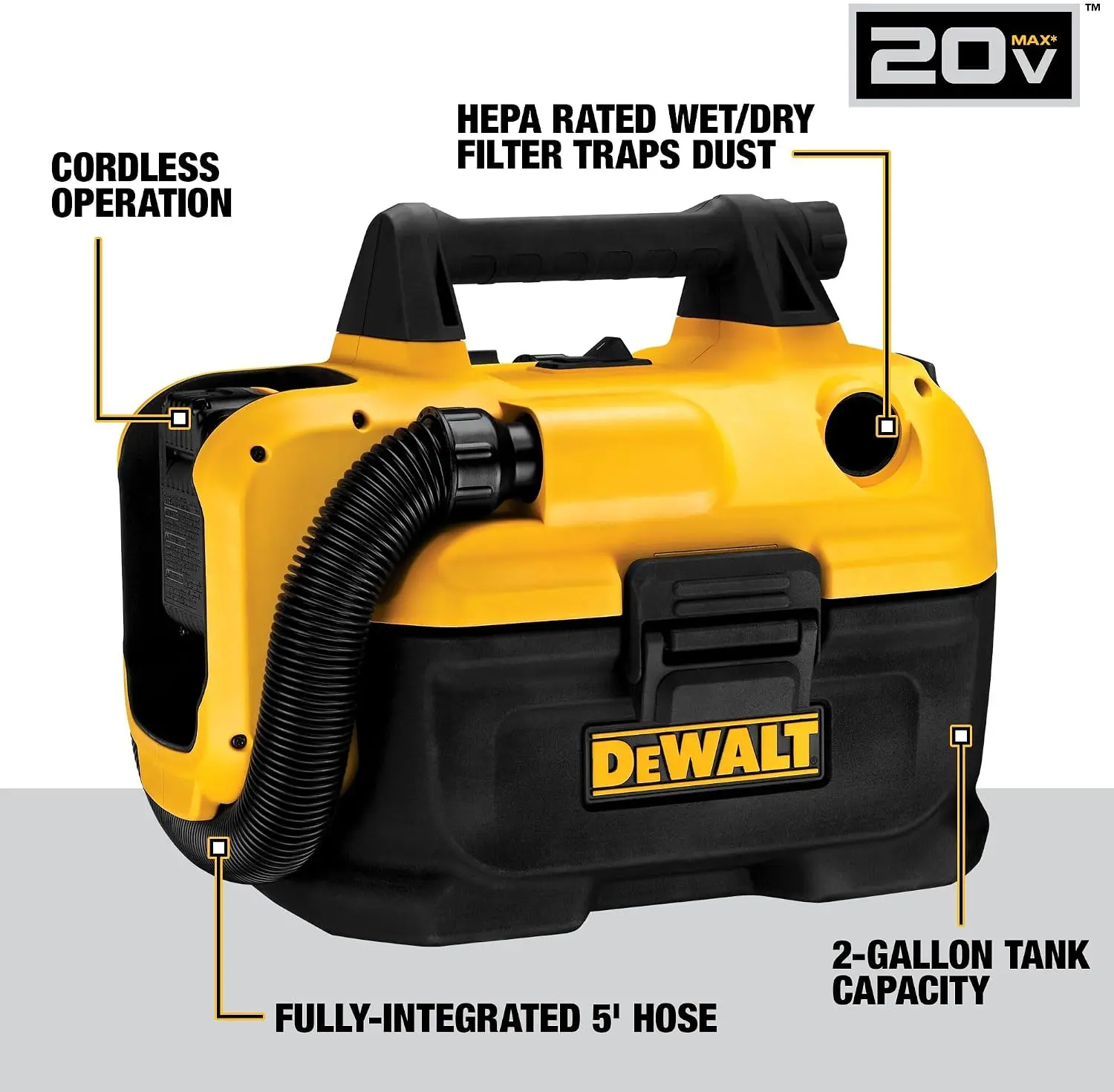 DEWALT DCV580 20V MAX Cordless Wet/Dry Vacuum, 2 Gal Tank 31 CFM HEPA Filter with 5 ft Crush-Resistant Hose for Jobsite Cleanup