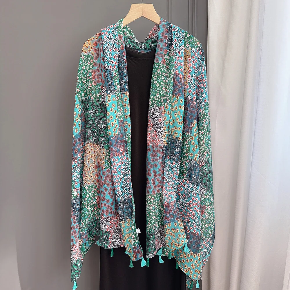 Fashion Wild Polka Floral Patchwork Tassel Viscose Shawl Scarf Lady High Quality Wrap Beach Stole Bufandas Muslim Hijab 180*90Cm