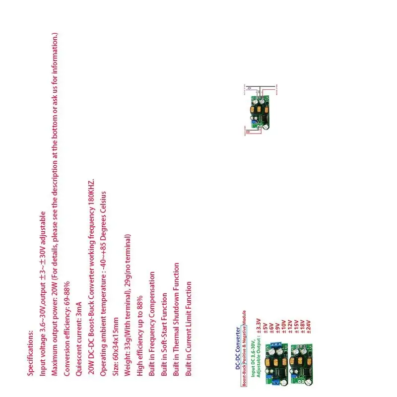 

DC 3.6-30V 20W to ±5V/6V/9V/10V/12V/15V/24V Positive Negative Dual Output Power Supply DC DC Step-up Boost-Buck Converter Module